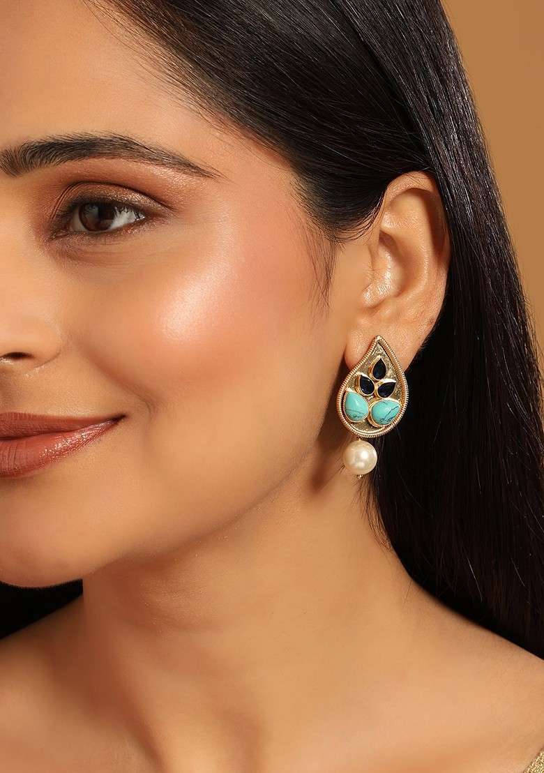 22K Gold Plated Turquoise Studded Contemporary Shaped Drop Earrings - Indya