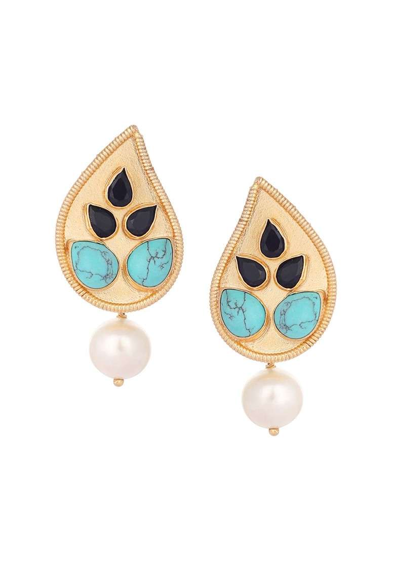 22K Gold Plated Turquoise Studded Contemporary Shaped Drop Earrings - Indya