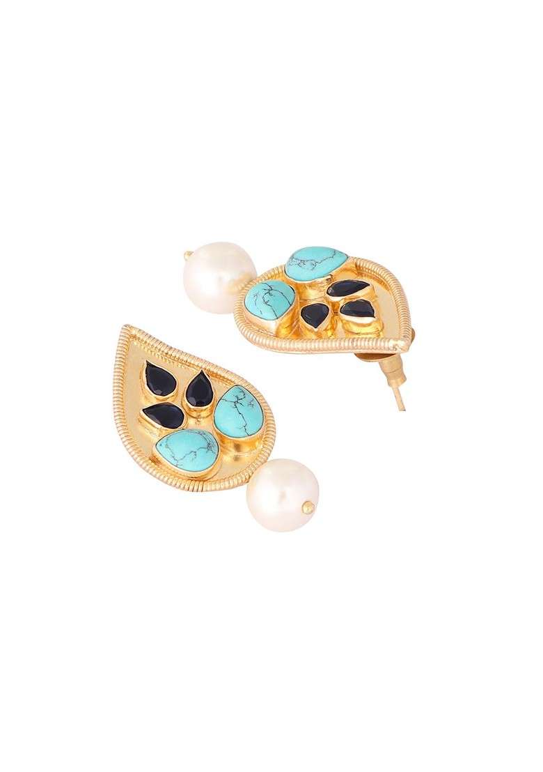 22K Gold Plated Turquoise Studded Contemporary Shaped Drop Earrings - Indya