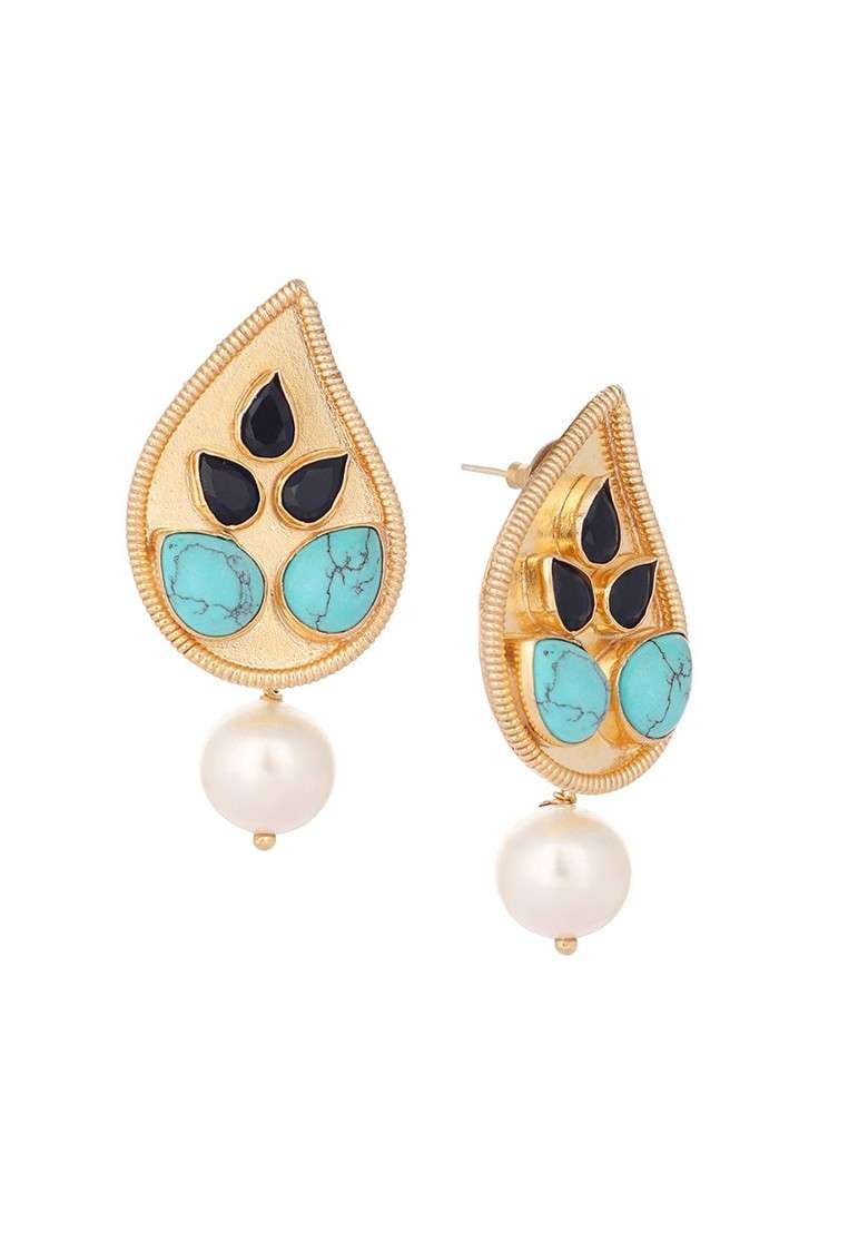 22K Gold Plated Turquoise Studded Contemporary Shaped Drop Earrings - Indya