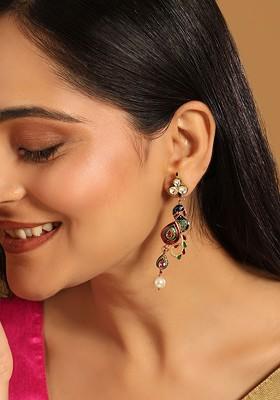 22K Gold Plated Pearl Drop Kundan Studded Ethnic Peacock Shaped Drop Earrings