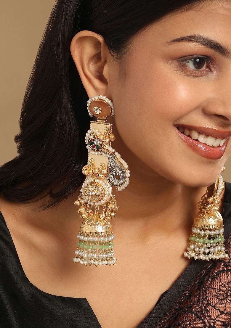 22K Gold Plated Semi Precious Stone And Pearl Beaded Peacock Motif Dangler Earrings - Indya