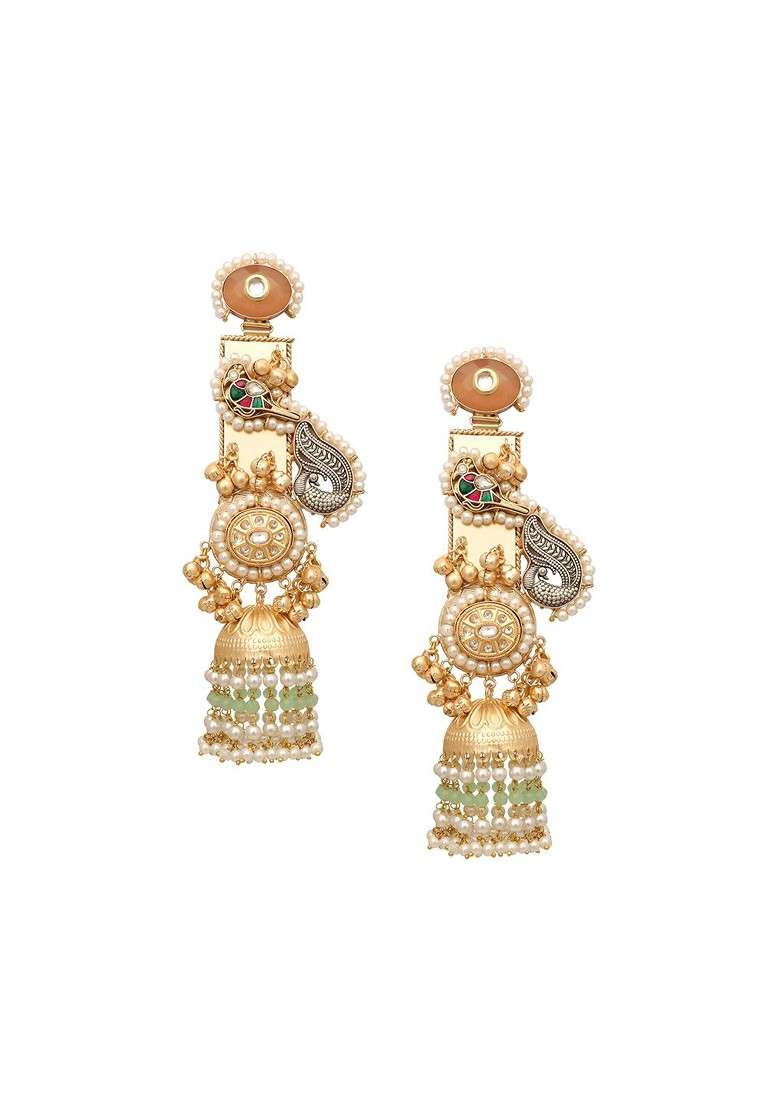 22K Gold Plated Semi Precious Stone And Pearl Beaded Peacock Motif Dangler Earrings - Indya