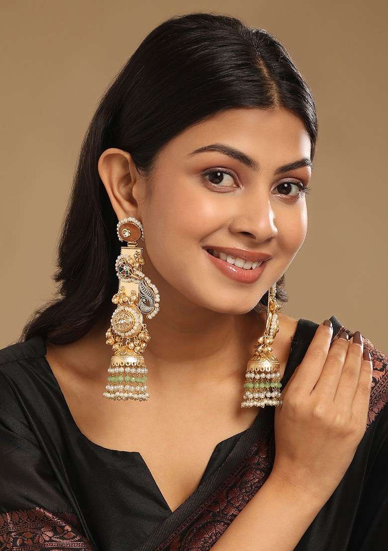 22K Gold Plated Semi Precious Stone And Pearl Beaded Peacock Motif Dangler Earrings - Indya