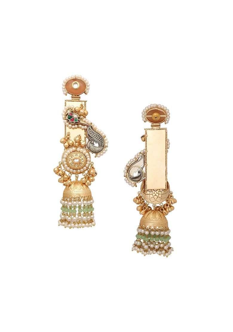 22K Gold Plated Semi Precious Stone And Pearl Beaded Peacock Motif Dangler Earrings - Indya