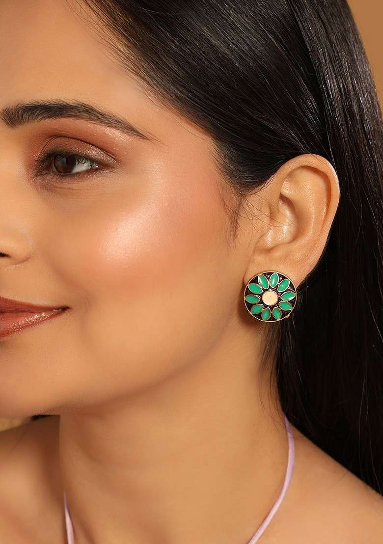 22K Gold Plated Circular Shaped Sea Green Enamelled Floral Motif Studs - Indya