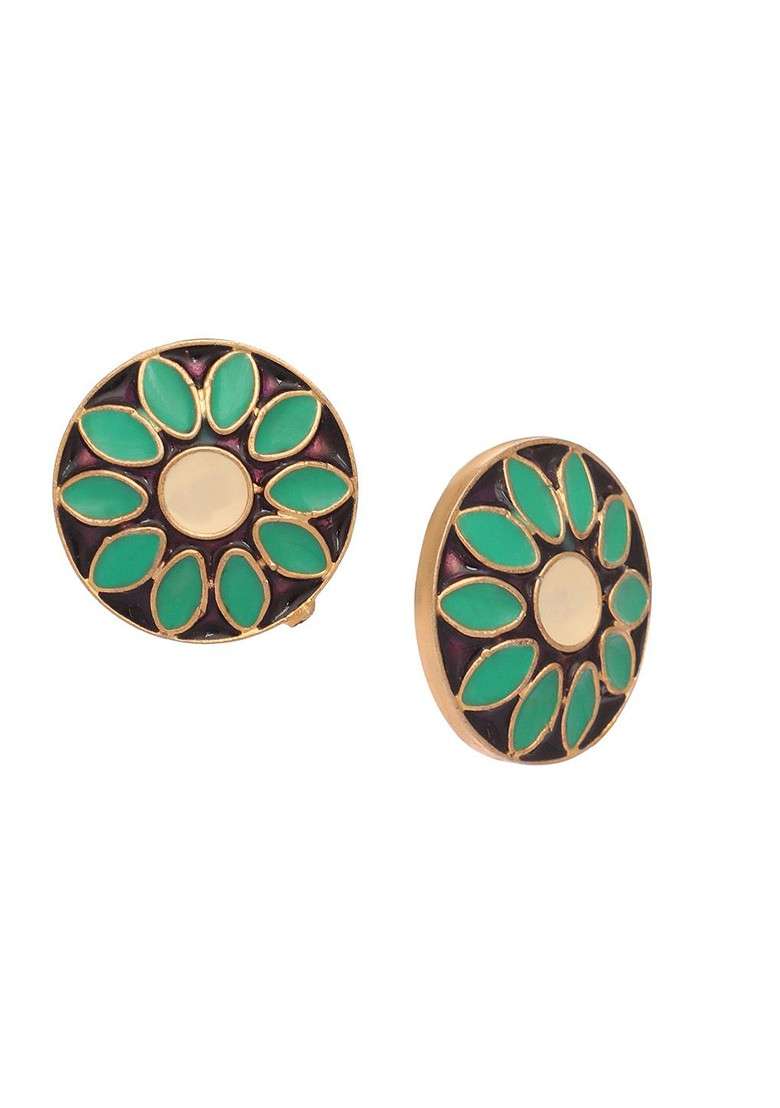 22K Gold Plated Circular Shaped Sea Green Enamelled Floral Motif Studs - Indya