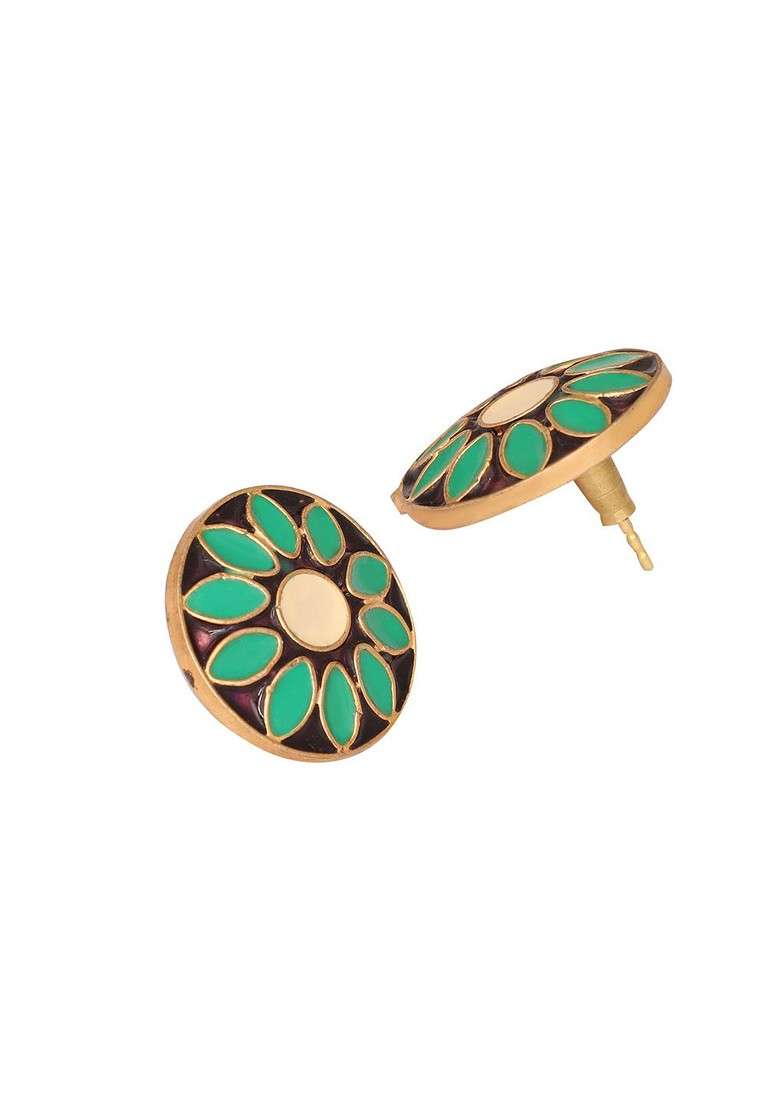 22K Gold Plated Circular Shaped Sea Green Enamelled Floral Motif Studs - Indya