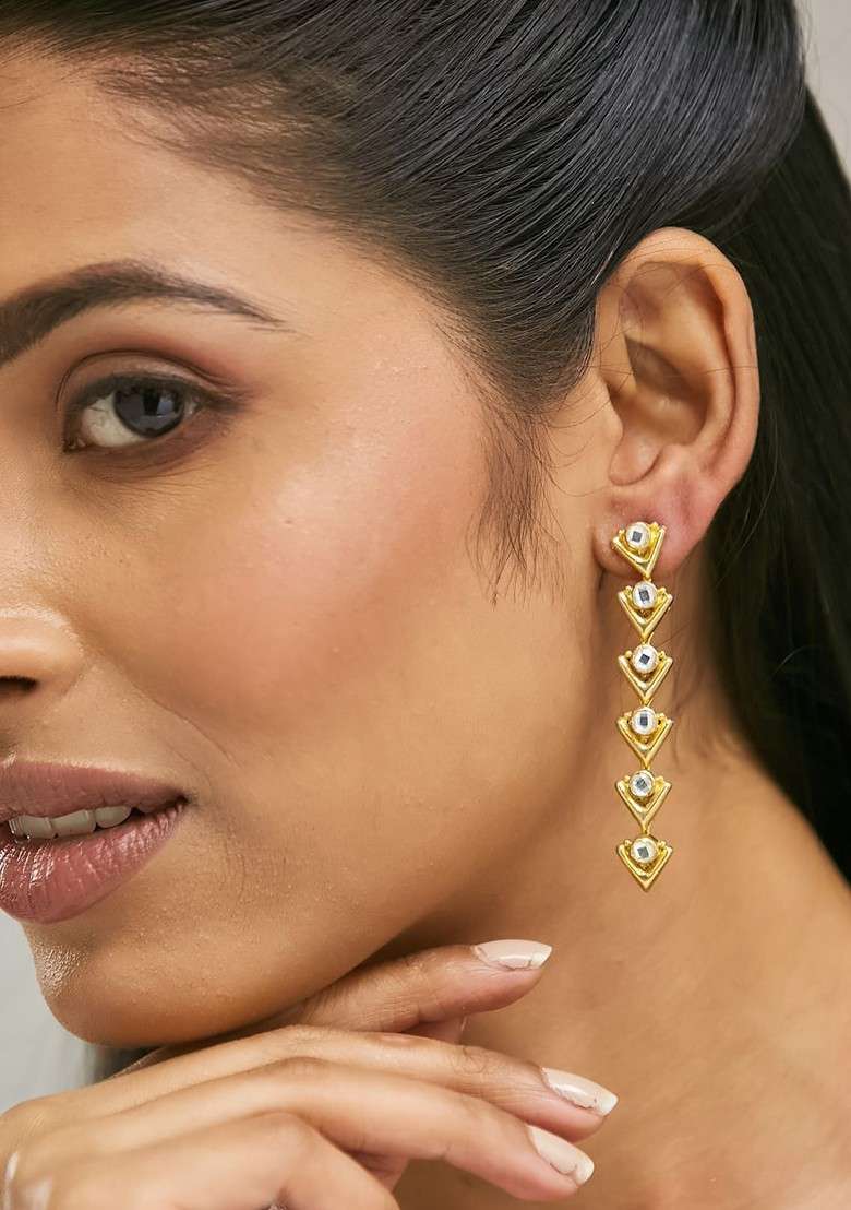 18K Gold Plated Crystal Stone Studded Triangular Drop Sleek Earrings - Indya