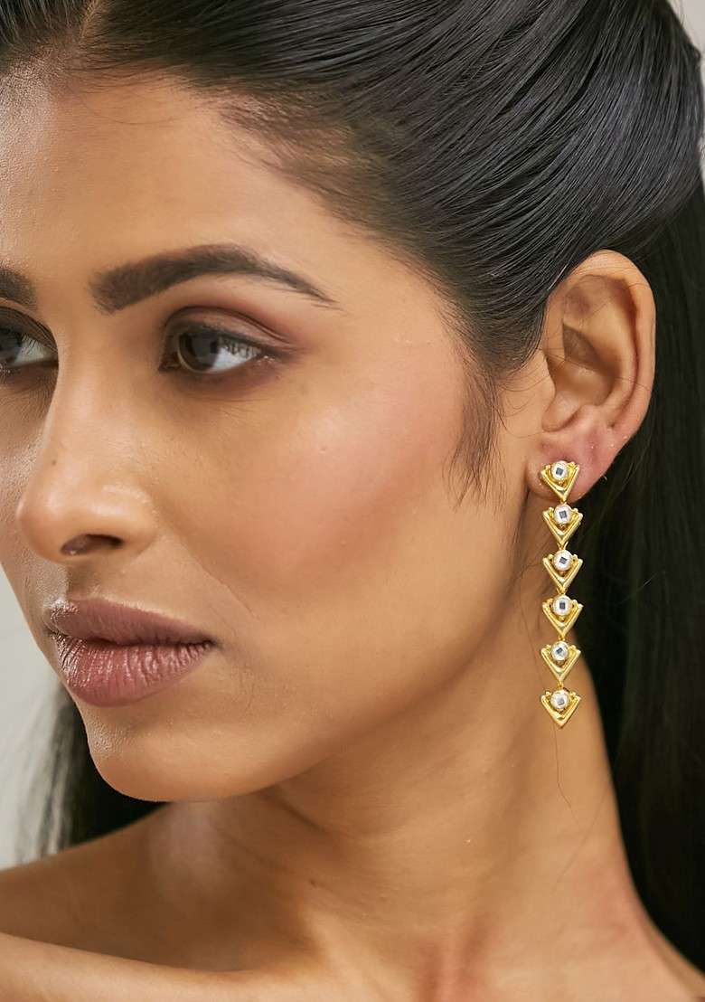 18K Gold Plated Crystal Stone Studded Triangular Drop Sleek Earrings - Indya