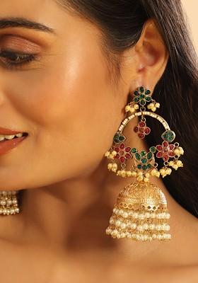 Gold Plated Artificial Stones Studded And Beaded Dome Shaped Jhumkas