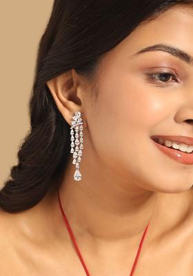 Rhodium Plated Cubic Zirconia Studded Contemporary Drop Earrings