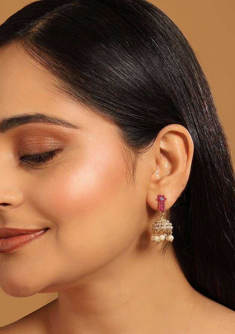 22K Gold Plated Pearl 7 Colored Stone Studded Contemporary Shaped Pink Mini Jhumkas - Indya