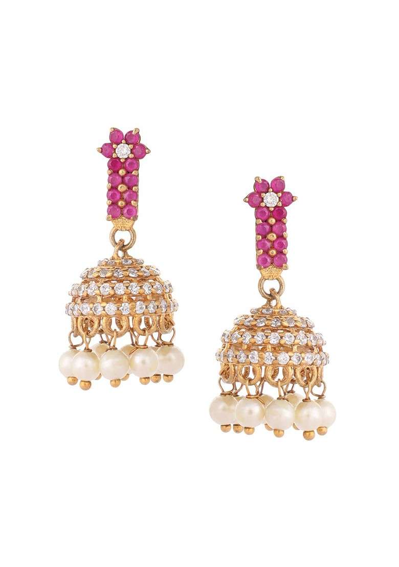22K Gold Plated Pearl 7 Colored Stone Studded Contemporary Shaped Pink Mini Jhumkas - Indya