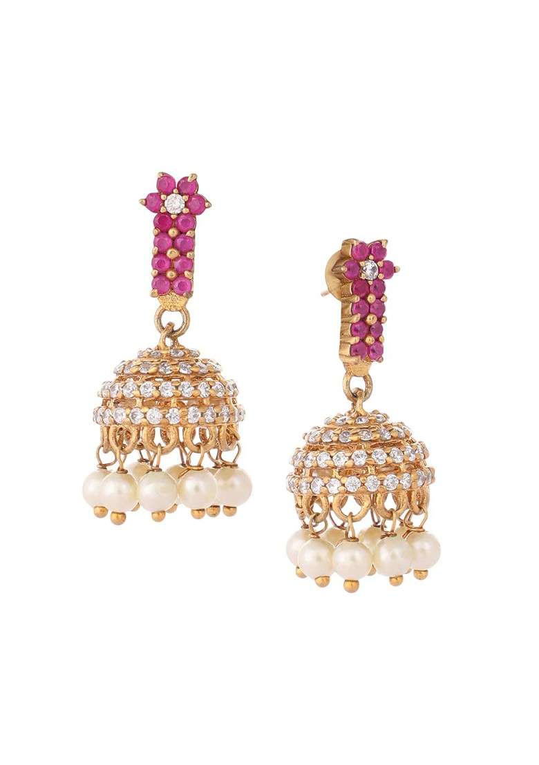 22K Gold Plated Pearl 7 Colored Stone Studded Contemporary Shaped Pink Mini Jhumkas - Indya