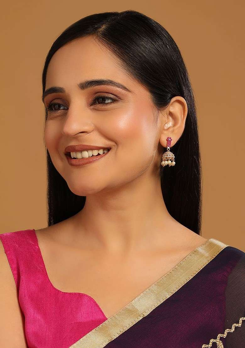 22K Gold Plated Pearl 7 Colored Stone Studded Contemporary Shaped Pink Mini Jhumkas - Indya