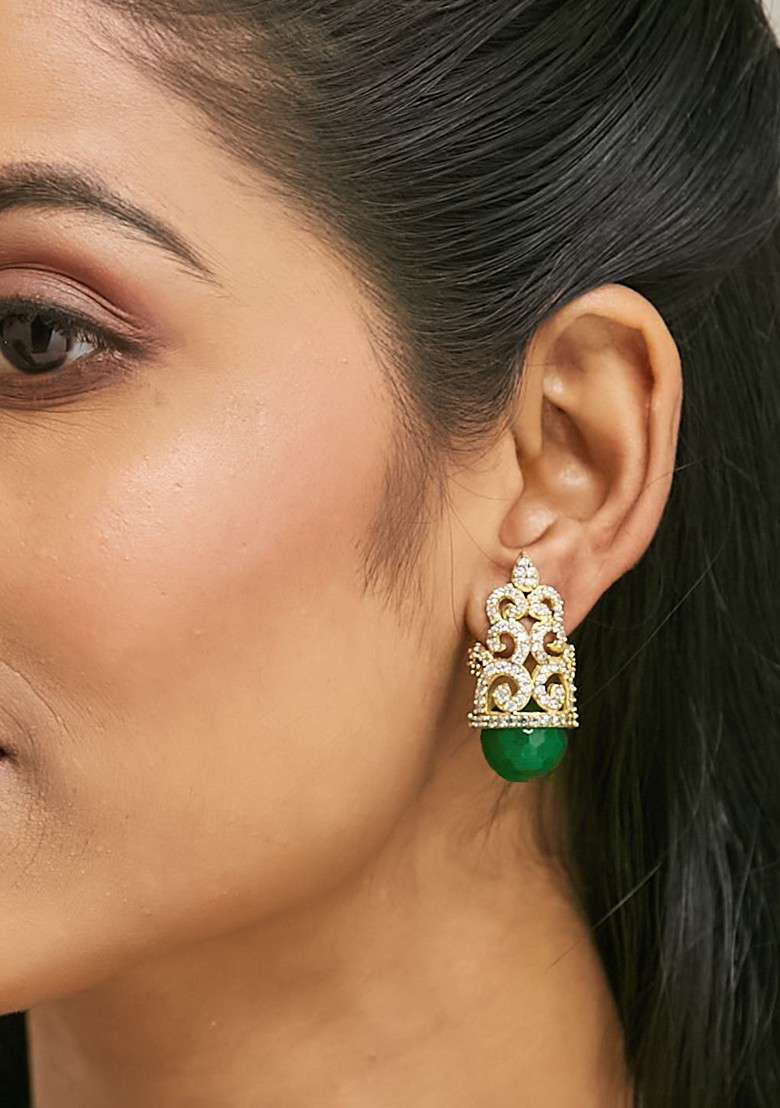 22K Gold Plated Green Gemstone And Zircon Studded Contemporary Filigree Motif Studs - Indya