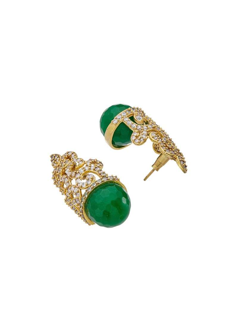 22K Gold Plated Green Gemstone And Zircon Studded Contemporary Filigree Motif Studs - Indya