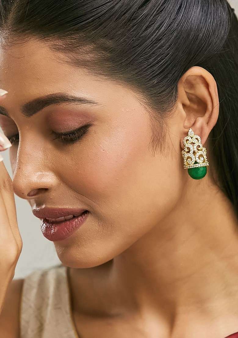 22K Gold Plated Green Gemstone And Zircon Studded Contemporary Filigree Motif Studs - Indya