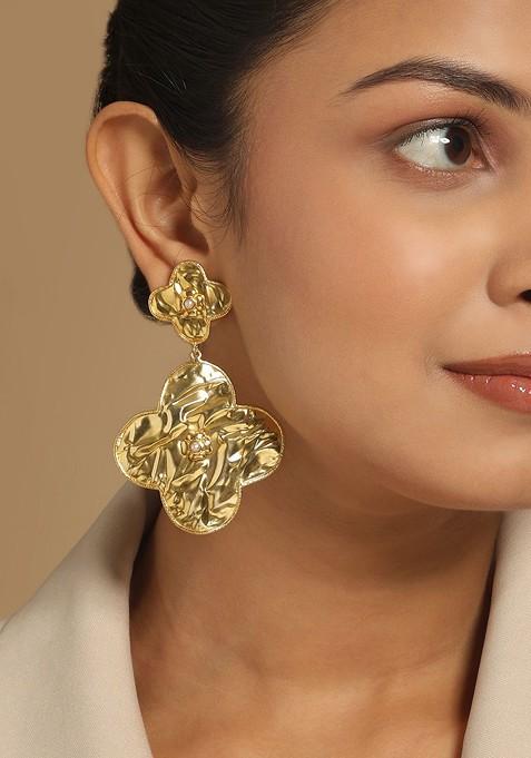 18K Gold Plated Contemporary Molten Metallic Finish Floral Drop Dangler Earrings