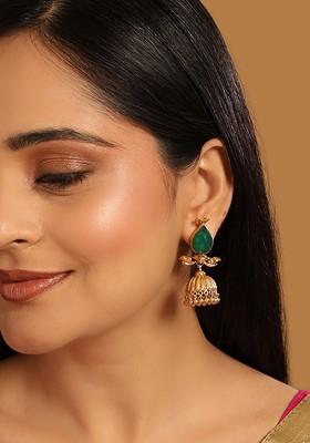 22K Gold Plated Emerald Stone Studded Ethnic Jhumkas
