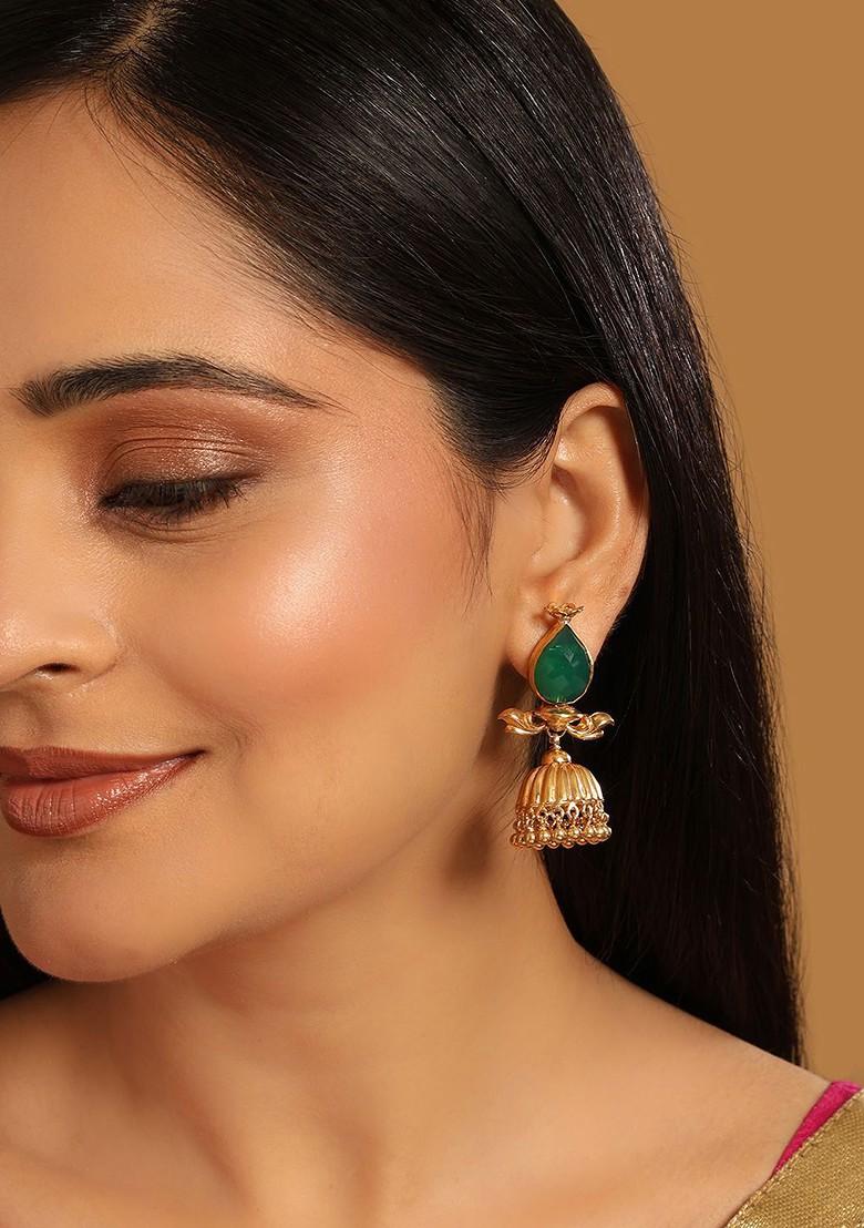 22K Gold Plated Emerald Stone Studded Ethnic Jhumkas - Indya