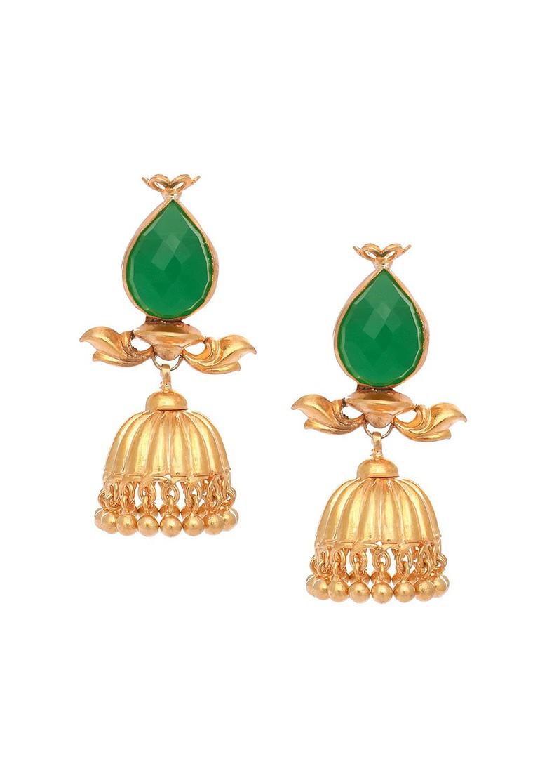 22K Gold Plated Emerald Stone Studded Ethnic Jhumkas - Indya