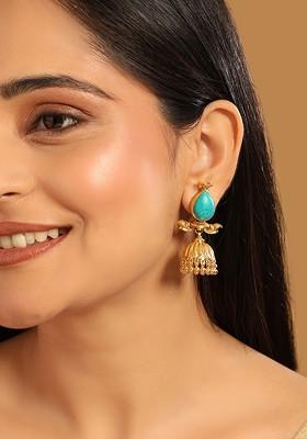 22K Gold Plated Turquoise Studded Dome Shaped Jhumkas