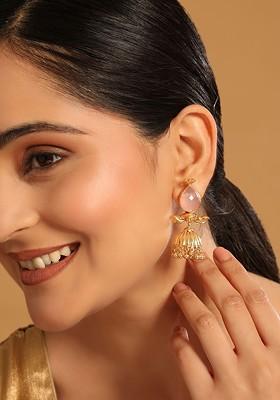 22K Gold Plated Rose Quartz Stone Studded Ethnic Jhumkas