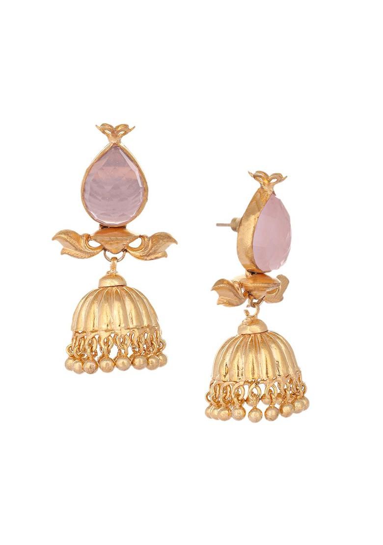 22K Gold Plated Rose Quartz Stone Studded Ethnic Jhumkas - Indya