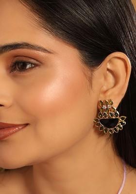 22K Gold Plated Dark Crystal Studded Contemporary Floral Shaped Stud Earrings