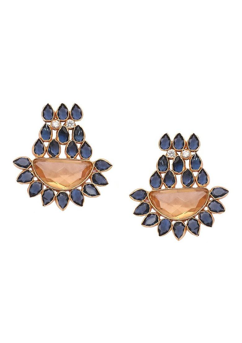 22K Gold Plated Crystal Studded Contemporary Floral Shaped Stud Earrings