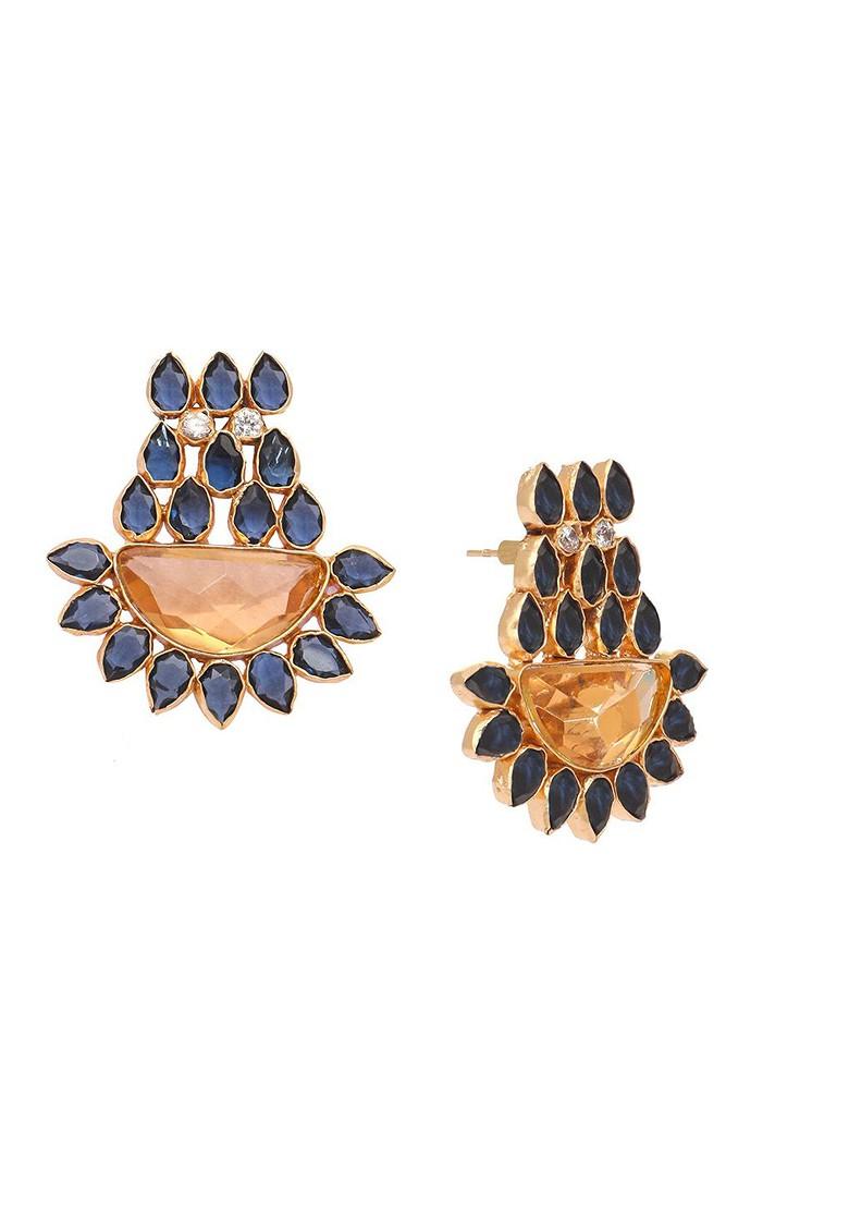 22K Gold Plated Crystal Studded Contemporary Floral Shaped Stud Earrings