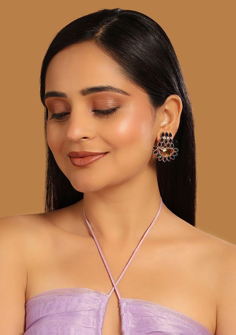 22K Gold Plated Crystal Studded Contemporary Floral Shaped Stud Earrings