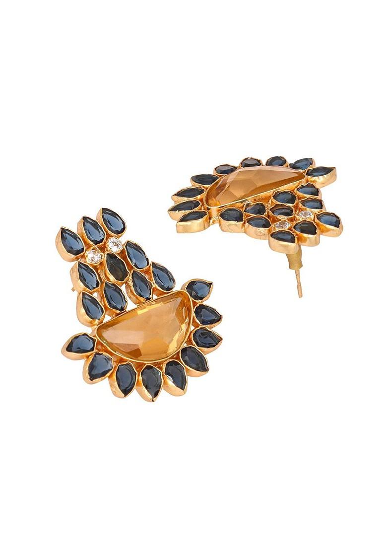 22K Gold Plated Crystal Studded Contemporary Floral Shaped Stud Earrings