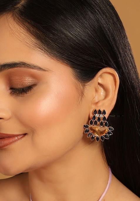 22K Gold Plated Crystal Studded Contemporary Floral Shaped Stud Earrings