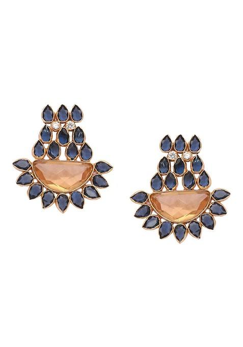 22K Gold Plated Crystal Studded Contemporary Floral Shaped Stud Earrings