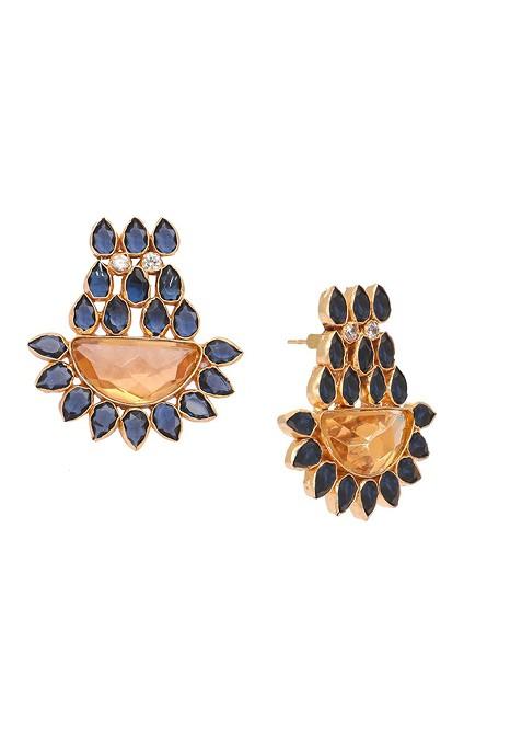 22K Gold Plated Crystal Studded Contemporary Floral Shaped Stud Earrings