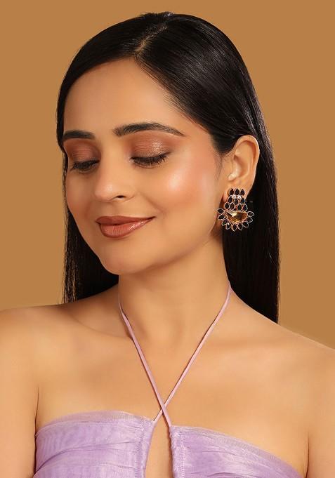 22K Gold Plated Crystal Studded Contemporary Floral Shaped Stud Earrings