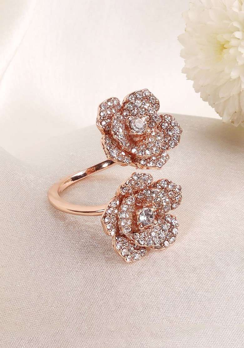 Rose Gold Plated Crystal Studded Finger Ring - Indya