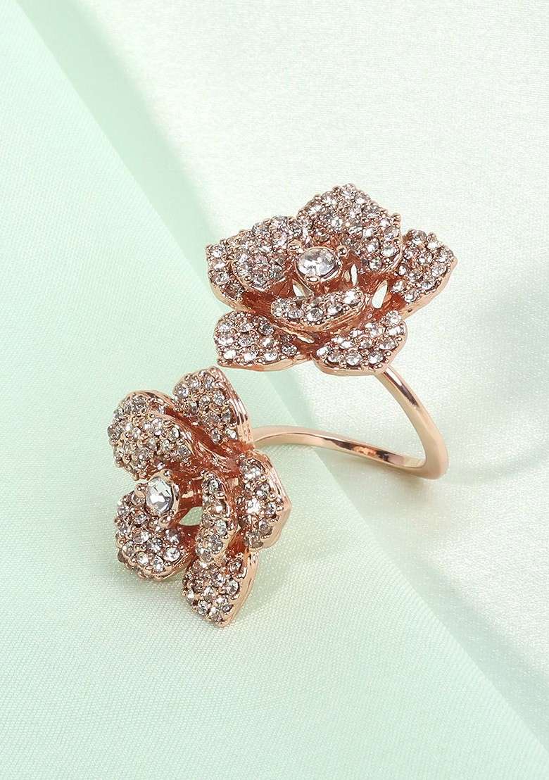 Rose Gold Plated Crystal Studded Finger Ring - Indya