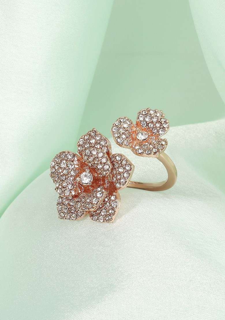 Rose Gold Plated Crystal Studded Finger Ring - Indya