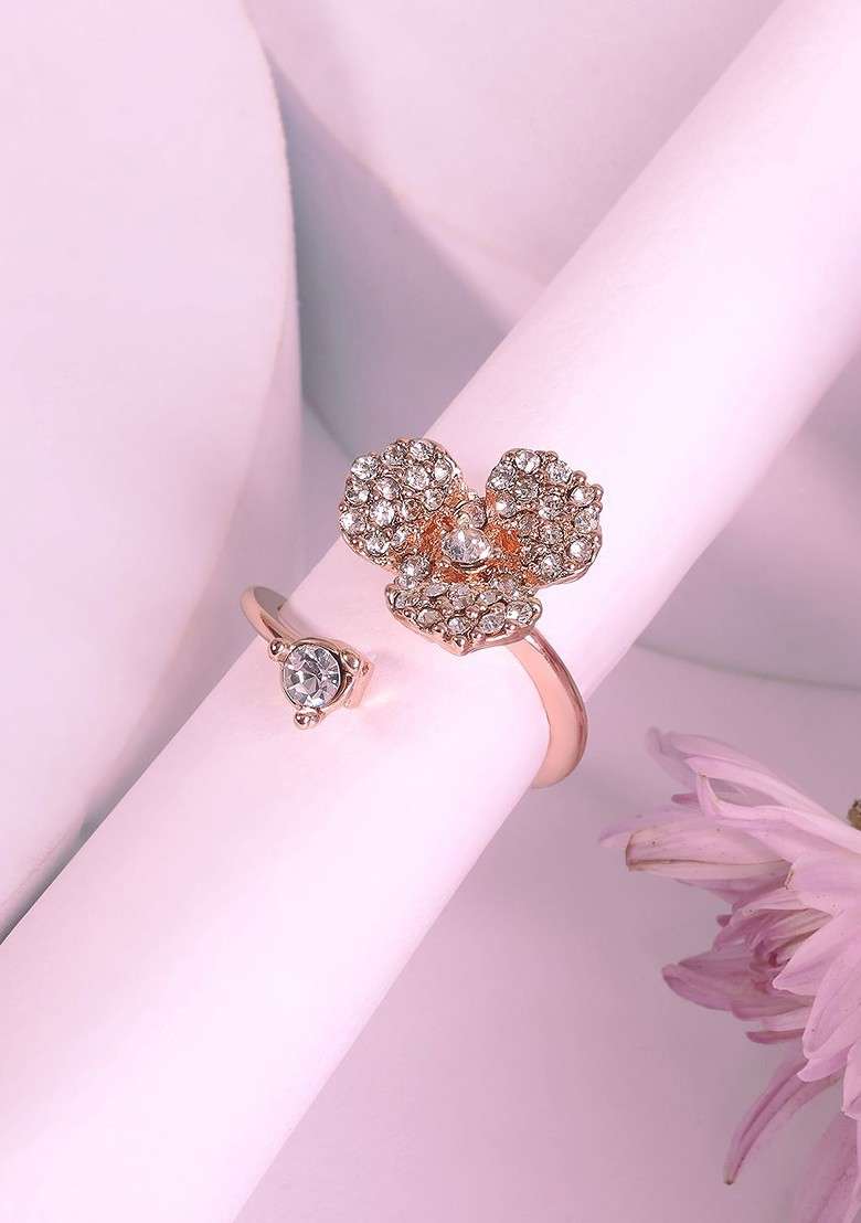 Rose Gold Plated Crystal Studded Finger Ring - Indya