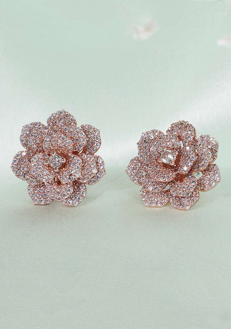 Rose Gold Plated American Diamond Studded Floral Studs - Indya