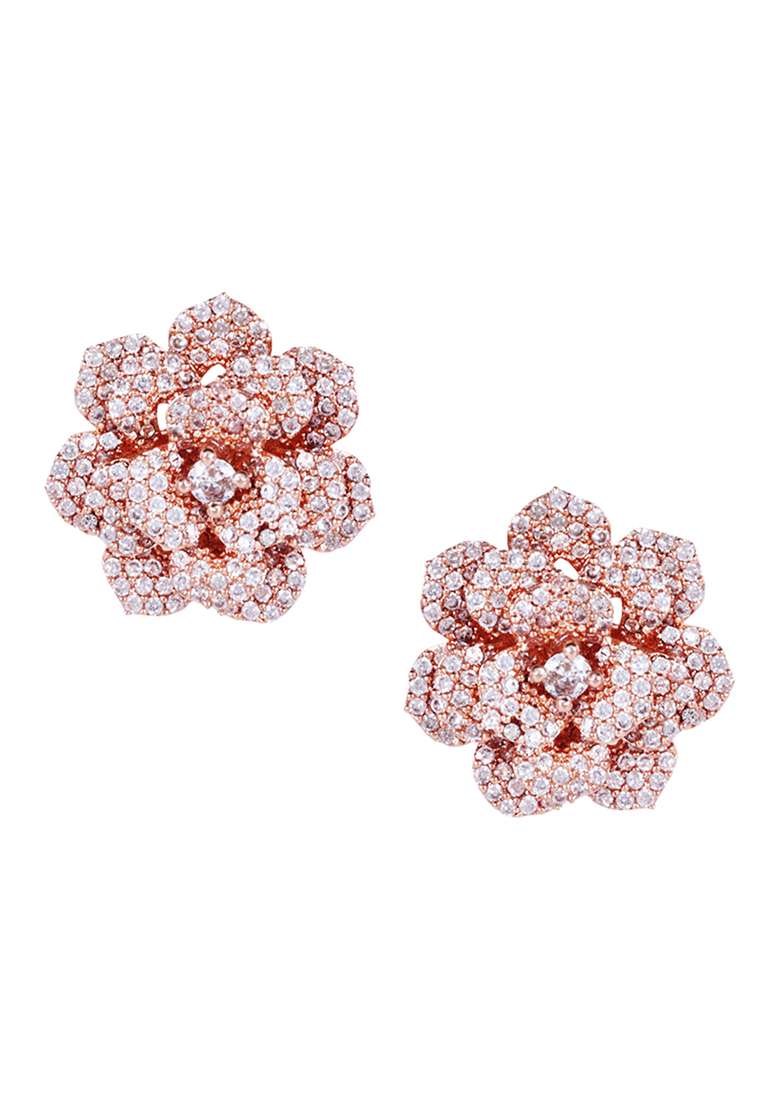 Rose Gold Plated American Diamond Studded Floral Studs - Indya