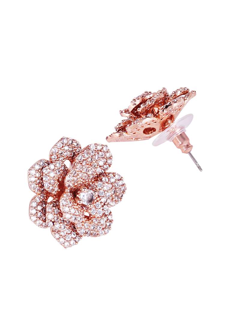 Rose Gold Plated American Diamond Studded Floral Studs - Indya