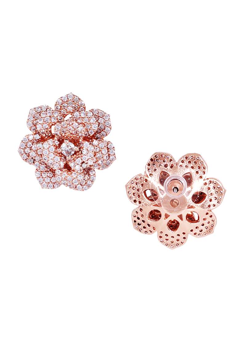 Rose Gold Plated American Diamond Studded Floral Studs - Indya