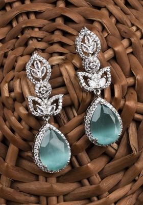 Silver Plated Teardrop Shaped Cubic Zirconia Studded Drop Earrings