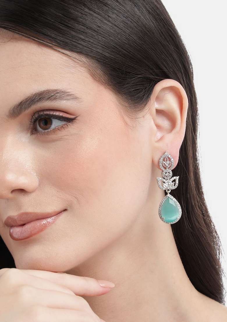 Silver Plated Teardrop Shaped Cubic Zirconia Studded Drop Earrings - Indya