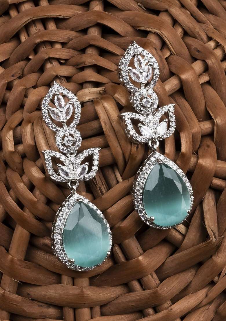 Silver Plated Teardrop Shaped Cubic Zirconia Studded Drop Earrings - Indya
